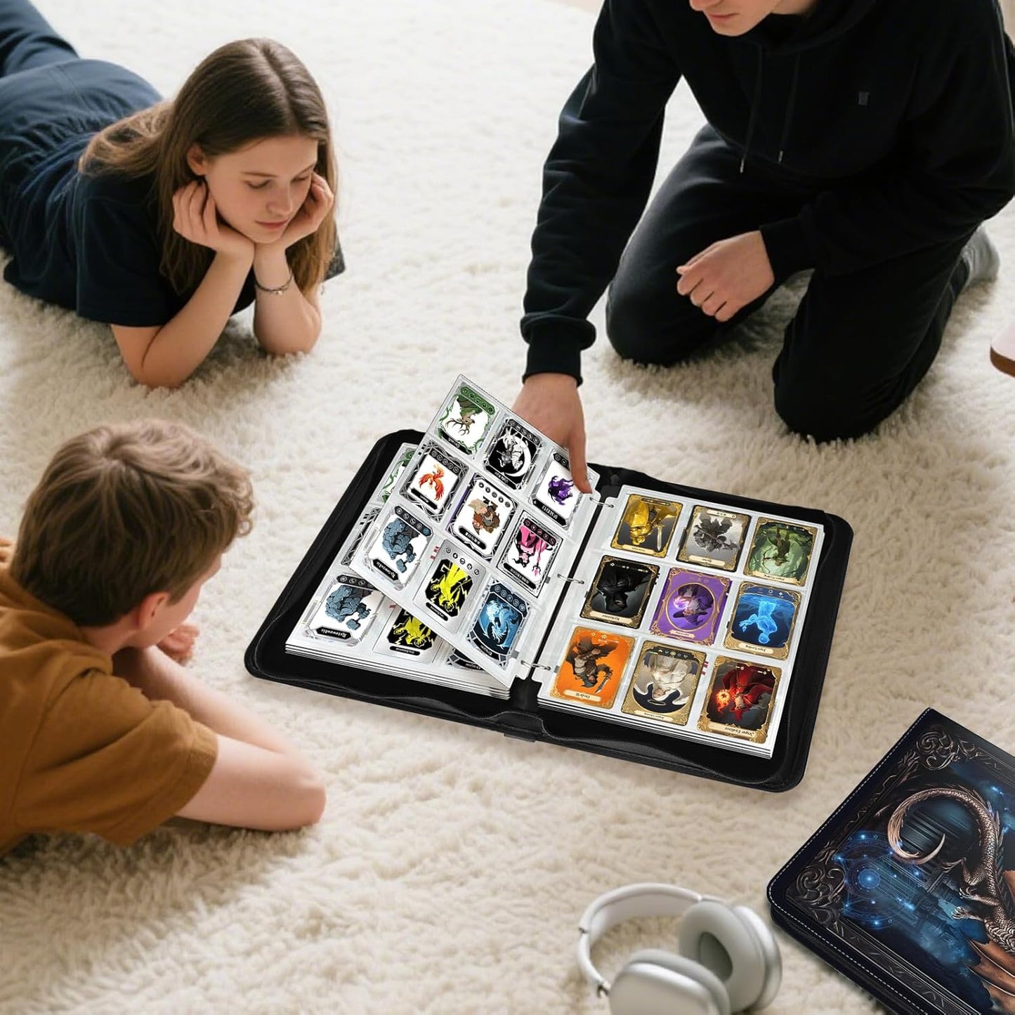 9 Pocket Trading Card Binder 1008 Cards Collection Albums with 56 Removable Sleeves Card Book Holder Premium Leather Collection Storage Binders Compatible with TCG MTG Sport Cards(Dragon)