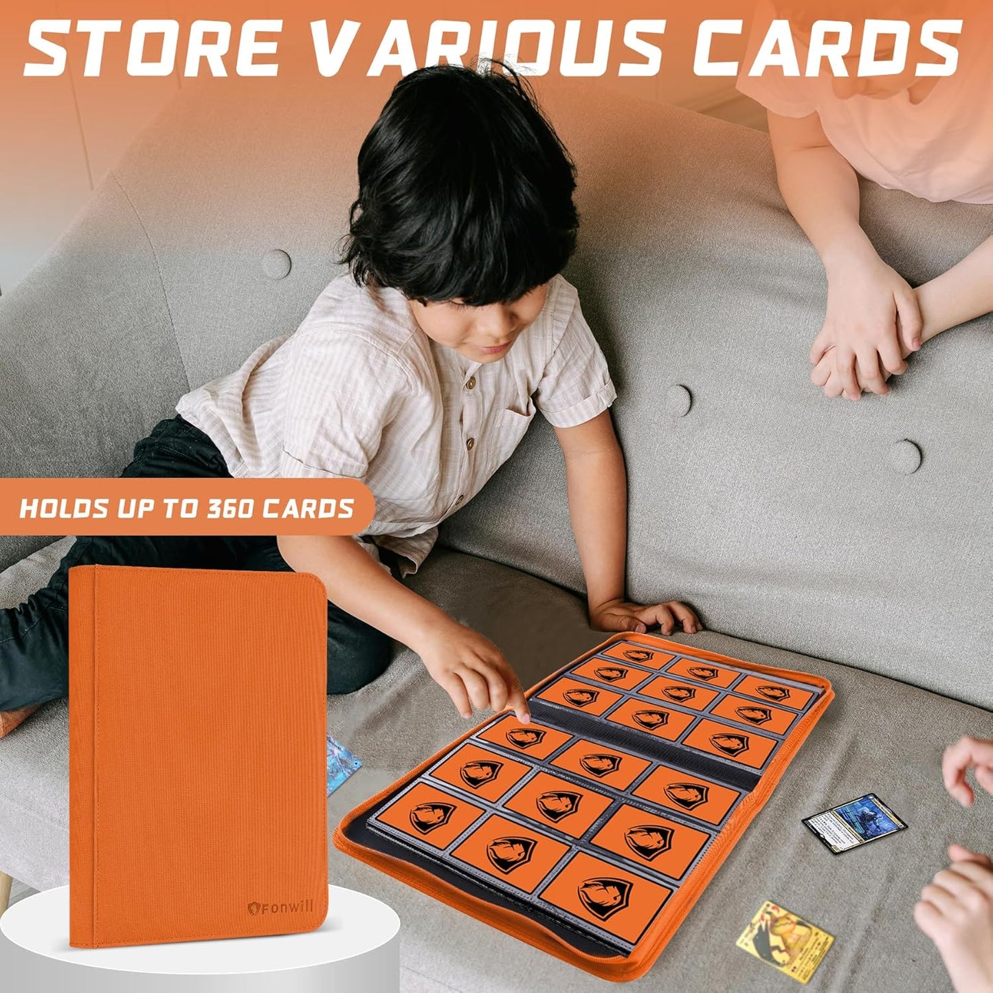 Trading Card Binder 9 Pocket, 360 Pockets Trading Card Holder Book, Premium PU Cover Zip Folder Binder, Side Loading Carrying Case Binder Album for TCG, MTG,Sports Cards, Game Cards (Orange-1)