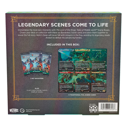 Magic: The Gathering The Lord of The Rings: Tales of Middle-Earth Scene Box - Aragorn at Helm’s Deep (6 Scene Cards, 6 Art Cards, 3 Set Boosters + Display Easel)
