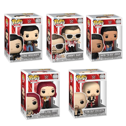 WWE Wave 28 Funko Pop! Set of 5 (Jimmy Hart #191, Stone Cold Steve Austin #190, Dwayne The Rock Johnson #189, Lita #188, and Eric Bischoff #187) Collectible Vinyl Figures - Estimated Arrival: Nov. 2025 (PRE-SALE)
