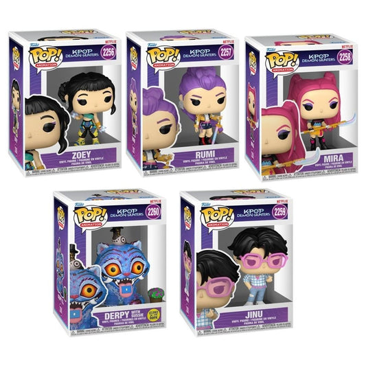 KPop Demon Hunters Funko Pop! Animation - Set of 5 (Mira #2258, Zoey #2256, Rumi #2257, Tiger with Bird Glow #2260, and Jinu #2259) Collectible Vinyl Figures - Estimated Arrival: Jan. 2026 (PRE-SALE)